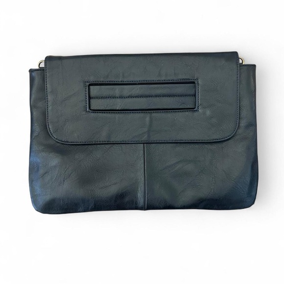 Envelope Clutch Bag Large Wristlet – Black PU Leather – Foldover Style